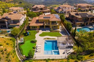 545 Ledge Street San Marcos aerial view of pool, spa, putting green, outdoor kitchen and backyard amenities